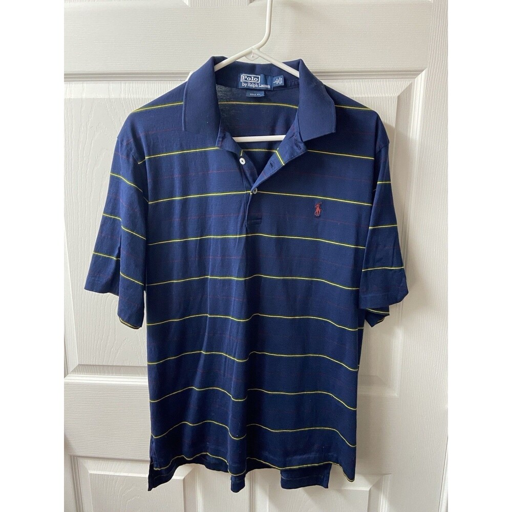 Polo Ralph Lauren Polo Shirt Mens Large Golf Fit Shirt Blue Striped Jersey Vtg